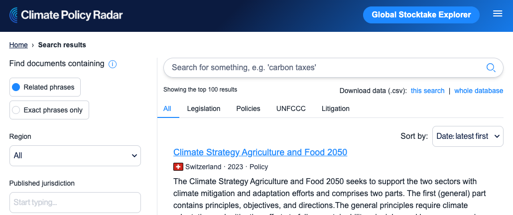 Climate Policy Radar screenshot of the application